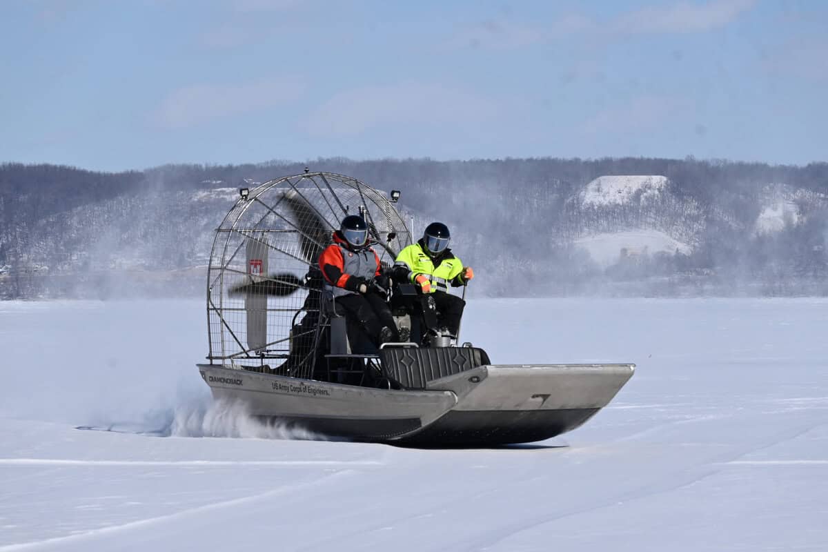 Corps of Engineers provides sign of spring, takes first ice measurements on Lake Pepin lake pepin air boat on ice scaled - Winona Journal
